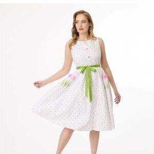 Unique Vintage White Dress with Pink Dots and Green Bow